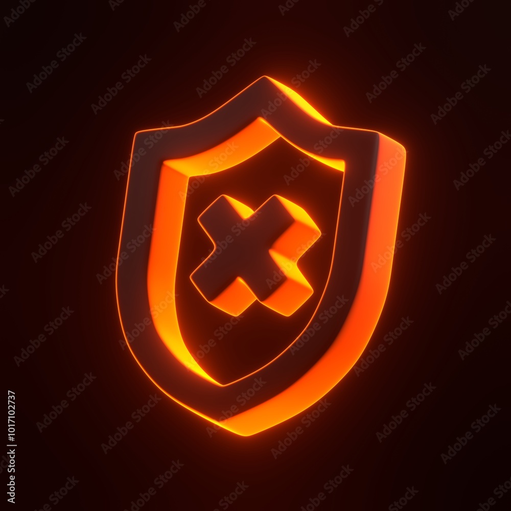 A glowing neon orange shield with a cross symbol in the center, representing security issues, protection failures, or errors in cybersecurity. 3D icon, sign and symbol. 3D render illustration A glowing neon orange shield with a cross symbol in the center, representing security issues, protection failures, or errors in cybersecurity. 3D icon, sign and symbol. 3D render illustration