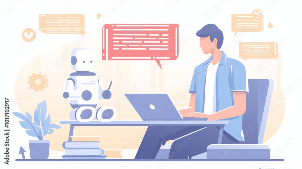 Man interacting with robot assistant at modern work desk Man interacting with robot assistant at modern work desk