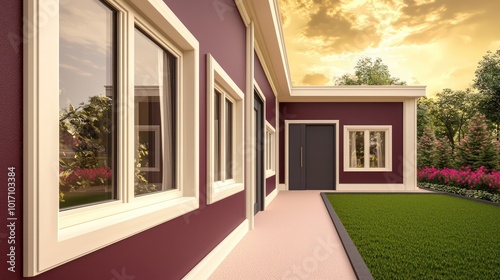 Ultra-modern home with ivory window frames  a rose terrace  and garnet walls A taupe path leads to a charcoal door  with a blush lawn under a gold sky