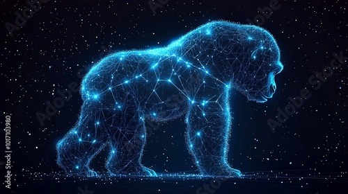 A digital depiction of a gorilla's side view, artistically designed with captivating bright lines against a starry cosmic backdrop representing interstellar themes. photo