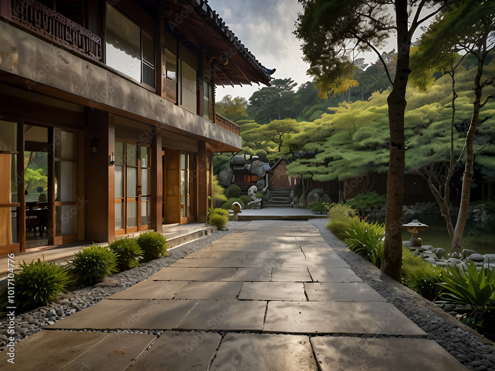 Traditional Japanese villa on a hill, lake, forest, soft light Traditional Japanese villa on a hill, lake, forest, soft light