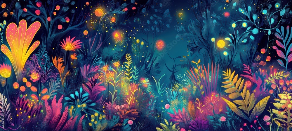 A vibrant, hand-drawn illustration of a mystical forest filled with glowing plants and fantastical creatures, offering a dreamlike atmosphere that captures the viewer's imagination A vibrant, hand-drawn illustration of a mystical forest filled with glowing plants and fantastical creatures, offering a dreamlike atmosphere that captures the viewer's imagination