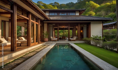 Japanese villa with wooden shutters by the lake, peace and quiet