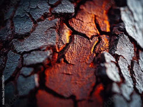 A close-up of charred tree bark reveals glowing orange embers beneath darkened surface, capturing a powerful and elemental scene full of texture and warmth.