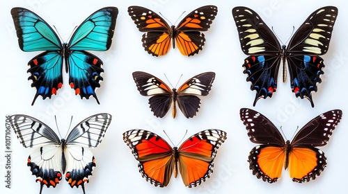 A collection of colorful butterflies arranged in a grid, showcasing their unique patterns and vibrant hues.