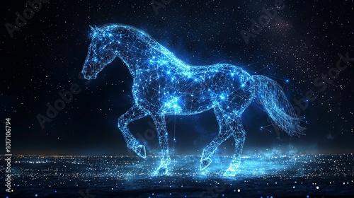 An elegant glowing horse formed from star-like particles peers through a cosmic backdrop, articulating an ethereal connection between nature and the universe.