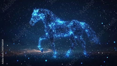 A mystical digital horse formed from scattered light and lines gracefully striding through a universe of stars, representing celestial harmony and timeless beauty. photo