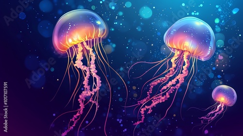 Three bioluminescent jellyfish swim in the deep ocean, their glowing bodies illuminating the dark water.