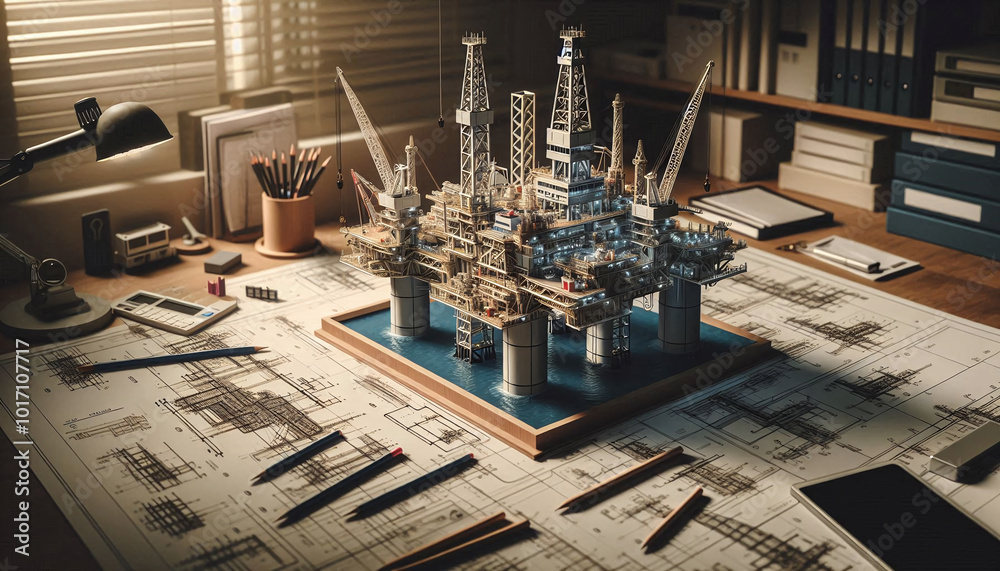 Miniature Offshore Oil Rig on Architectural Blueprints Miniature Offshore Oil Rig on Architectural Blueprints