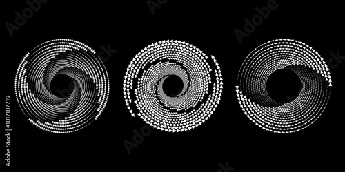 Set of white triangles in vortex form. Geometric art. Halftone dots. Trendy design element for logo, tattoo, sign, symbol, web, prints, posters, social media, template, pattern and abstract background