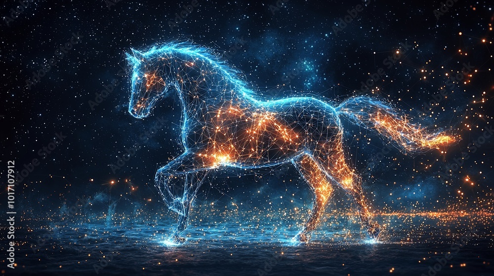 A dynamic image of a horse galloping, composed of glowing blue and orange digital particles, exuding energy and creativity against a cosmic backdrop. A dynamic image of a horse galloping, composed of glowing blue and orange digital particles, exuding energy and creativity against a cosmic backdrop.