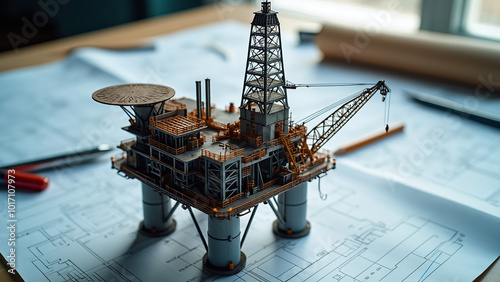 Miniature Offshore Oil Rig on Architectural Blueprints