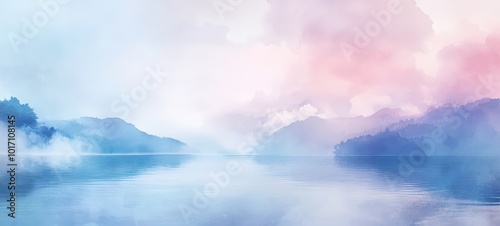 A watercolor-inspired illustration of a tranquil seaside landscape, with soft hues of blue, pink, and purple blending together to create a serene and soothing scene