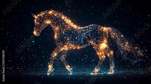 A captivating digital art piece featuring a horse composed of glowing, intertwined stars gracefully prancing through a starry landscape, capturing elegance and cosmic harmony.