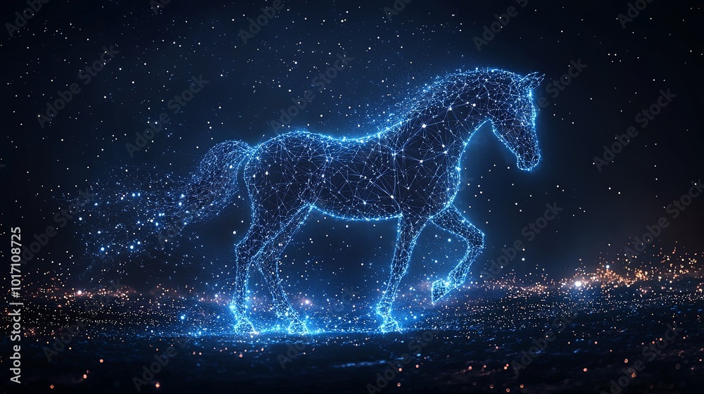 A majestic horse composed of glowing blue lines and stars, this digital rendering captures the ethereal beauty and mystique of a cosmic equine figure under a starry sky. A majestic horse composed of glowing blue lines and stars, this digital rendering captures the ethereal beauty and mystique of a cosmic equine figure under a starry sky.