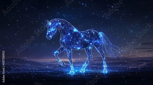 A radiant horse composed entirely of shining stars and cosmic light, this image combines mythical themes with elements of astronomy, portraying an otherworldly aura. photo