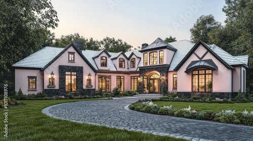 Visualization of a home with blush pink accents, traditional design, dark cobblestone and ash details, vast windows, snow white roof trim, a paver block driveway, and a lush, green front lawn