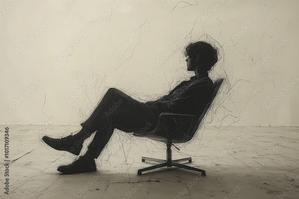 Φωτογραφία A single line drawing of a person sitting in a chair, conveying loneliness and introspection
