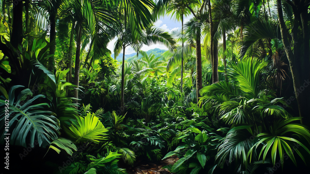 Lush tropical rainforest with dense foliage and palm trees. Lush tropical rainforest with dense foliage and palm trees.