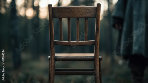 A rustic wooden chair stands out against a vibrant forest backdrop, filled with rich green hues and cool shadows, evoking rustic charm and wilderness tranquility. photo