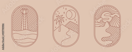 Beige and brown oval nature boho logo. Cactus,desert, sand, palm oasis, sun landscape aesthetic icon. Stock vector illustration isolated on white background in line style.