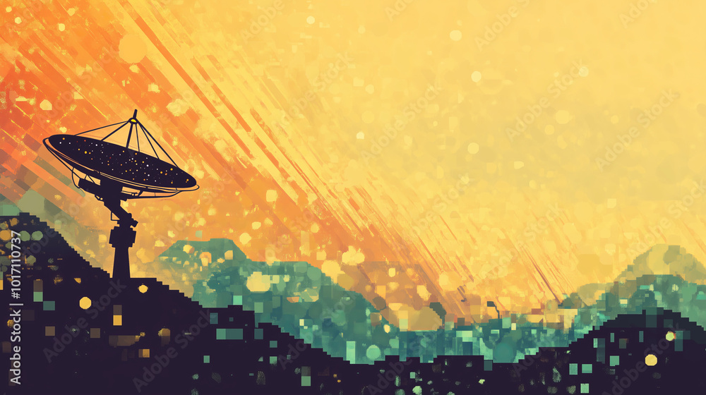 Silhouetted satellite dish under a glowing orange sky. Silhouetted satellite dish under a glowing orange sky.