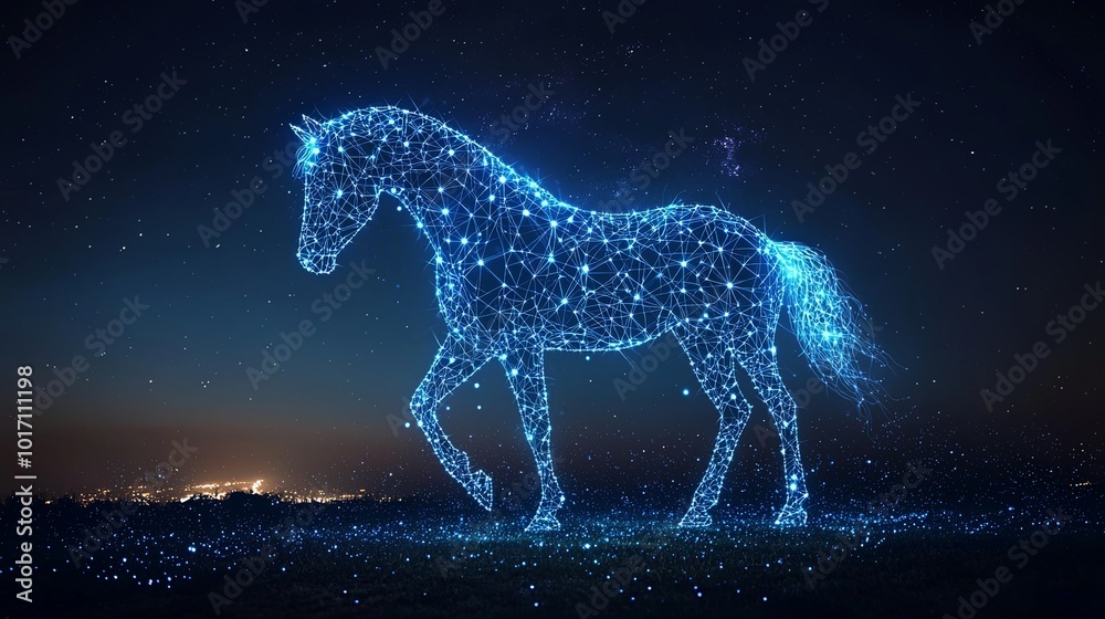 An intricately detailed horse composed of starry blue constellations stands amidst an expansive night landscape, representing mystery, allure, and timeless beauty.