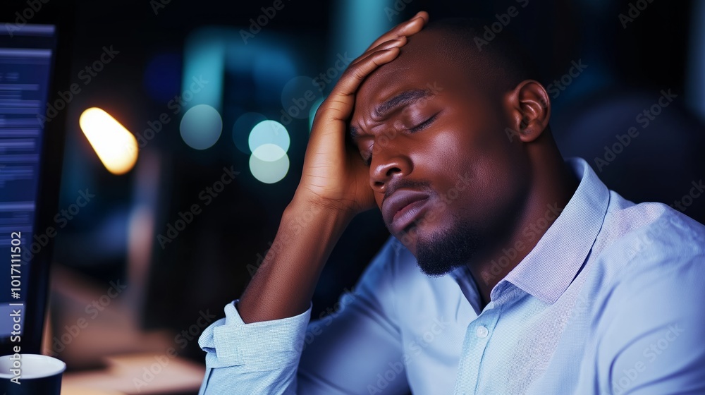 Exhausted man holding head in frustration, feeling mentally drained and tired. Late night office work, stress, and pressure for overworked business professional. Exhausted man holding head in frustration, feeling mentally drained and tired. Late night office work, stress, and pressure for overworked business professional.