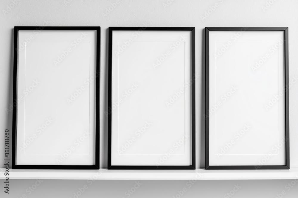 Three empty black vertical mock up frames on the wall Three empty black vertical mock up frames on the wall