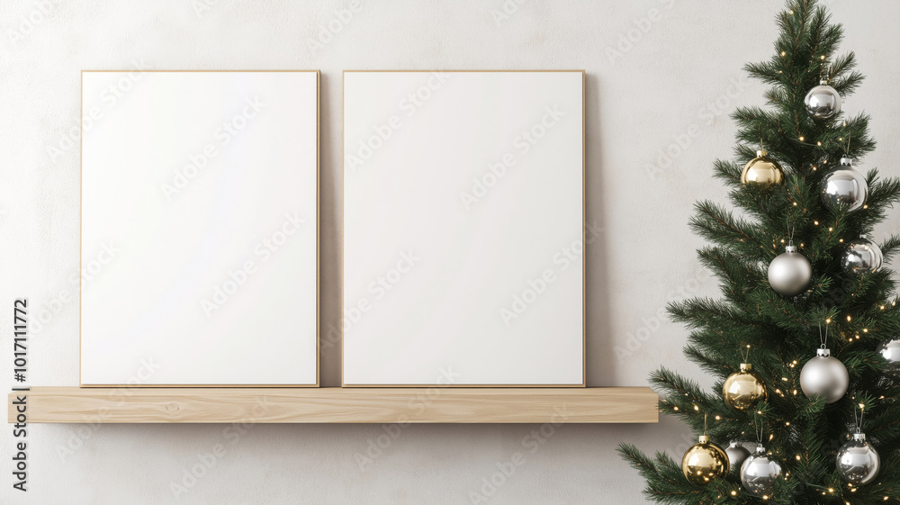 Two mock up poster frames on the wall next to a beatifully decorated Christmas tree with various ornaments Two mock up poster frames on the wall next to a beatifully decorated Christmas tree with various ornaments