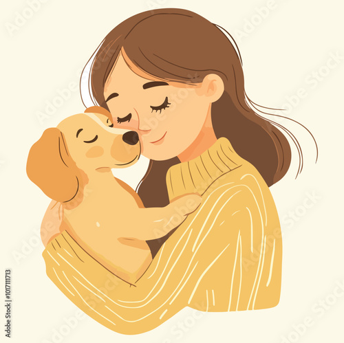 A woman with her pet dog illustration