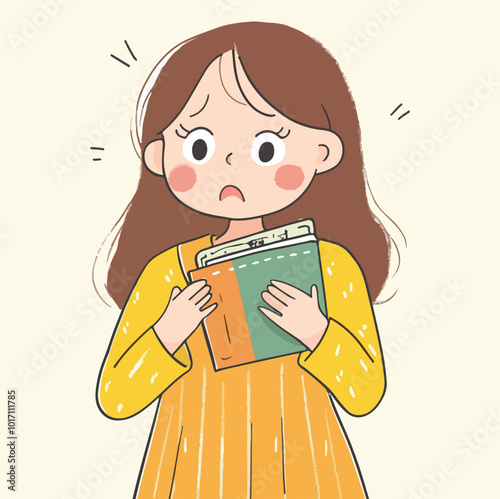 A girl with book looks confuses illustration