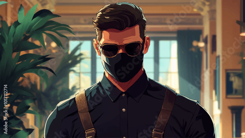 Handsome Man in a Black Shirt with Suspenders and Mask Museum Robbery Scene Cartoon Illustration Featuring Stylish Character Heist Setting Intriguing Art Theft Creative