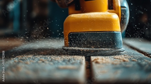 A powerful electric sander is shown in action, generating dust particles as it works on a wooden plank. The image exudes a sense of craftsmanship and industry. photo