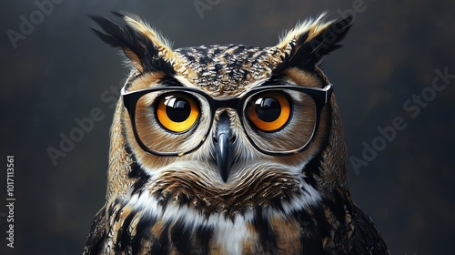 A wise-looking owl with black rimmed glasses stares intently at the camera. photo