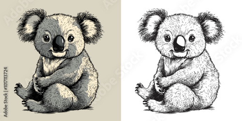 Happy Koala Cartoon Character Coloring Page Design Featuring Adorable Australian Animal Outline Fun Wildlife Art Playful Tree-Dwelling Creature Creative Relaxing Drawing Activity