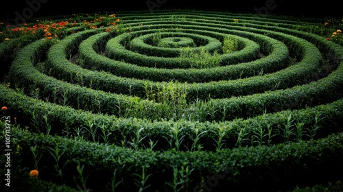 An intricate circular maze composed of lush green hedges, accented by clusters of vivid flowers, creating a visually appealing garden feature symbolizing journey.