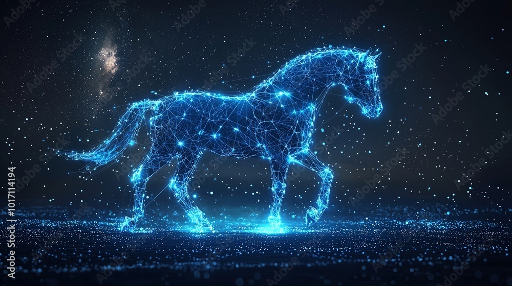 A stunning depiction of a majestic horse made of luminous star networks, traversing a sparkling cosmic environment, evoking grace and mystique. A stunning depiction of a majestic horse made of luminous star networks, traversing a sparkling cosmic environment, evoking grace and mystique.