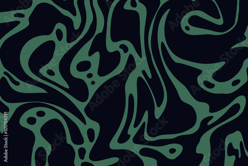 Abstract design with psychedelic trippy vibes in black and green color. Black lines isolated on green background. Groovy waves and dots. Simple liquid design.