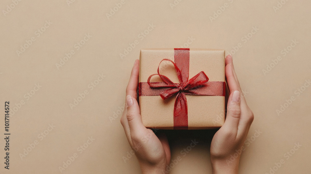 A person is holding a brown box with a red ribbon tied around it. The box is wrapped in red ribbon and he is a gift. The person is holding the box with both hands