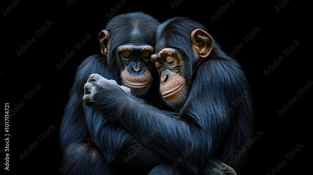 Two Chimpanzee Monkeys Hugging, Black Background, Wallpaper, Cover and Screen for Smartphone, PC, Laptop, 9:16 and 16:9 Format Two Chimpanzee Monkeys Hugging, Black Background, Wallpaper, Cover and Screen for Smartphone, PC, Laptop, 9:16 and 16:9 Format