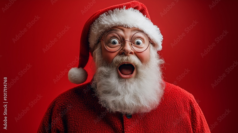 Shocked santa claus making a surprised face expression on red background Shocked santa claus making a surprised face expression on red background