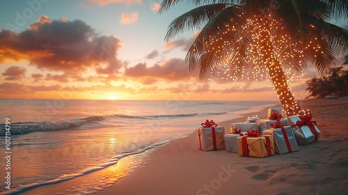 Fototapeta Naklejka Na Ścianę i Meble -  Christmas gifts resting under palm tree decorated with fairy lights on the beach at sunset