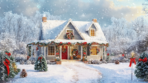 House Decorated with Christmas Decorations Holiday Cheer Festive Atmosphere Warm Glow of Lights Cozy Winter Scene Oil Painting on Canvas