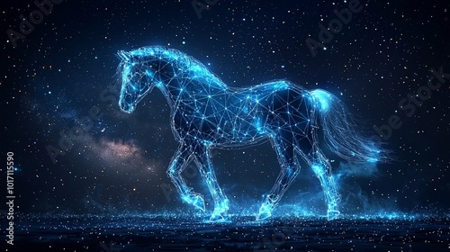 Depicting an abstract glowing horse, traversing through the cosmic star-filled depths, symbolizing freedom, imagination, and the interconnectedness of creation.