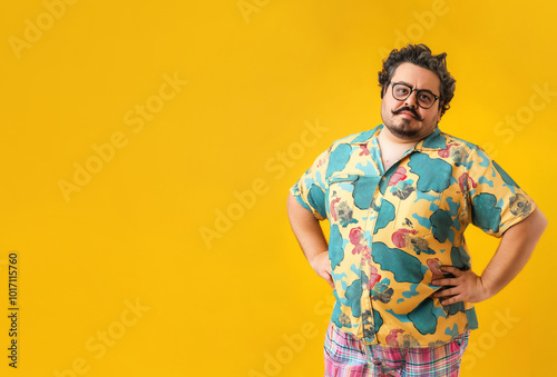 Wallpaper Mural Funny looking man with moustache, wearing tropical shirt, hands on hips, unbelieving sceptical face expression. Studio banner copy space at side. Generative AI Torontodigital.ca