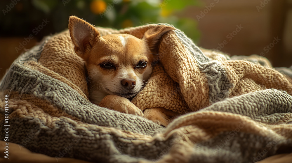A small dog curled up in a blanket looking content and comfortable A small dog curled up in a blanket looking content and comfortable