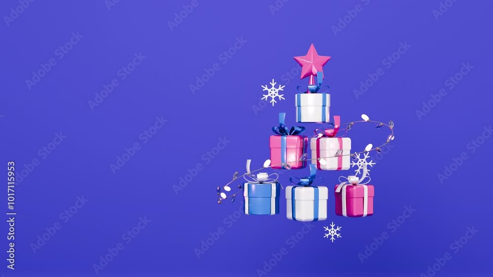 Christmas gifts loop animation. 3d render cartoon style. Xmas Eve and New Year celebration, holidays, winter, shiny festive decorations. Present box, gift, snowflakes. Looped background, copy space Christmas gifts loop animation. 3d render cartoon style. Xmas Eve and New Year celebration, holidays, winter, shiny festive decorations. Present box, gift, snowflakes. Looped background, copy space