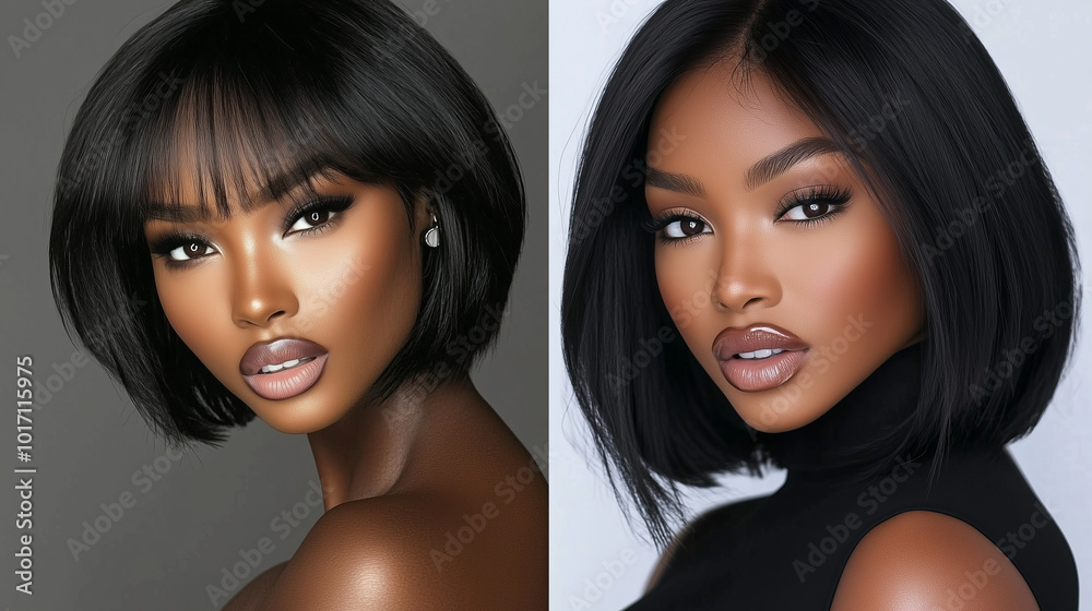 Two stunning portraits of a woman with a black bob haircut. Two stunning portraits of a woman with a black bob haircut.