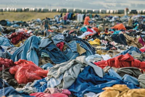 A pile of clothes, including a blue shirt, is on the ground, generative ai image